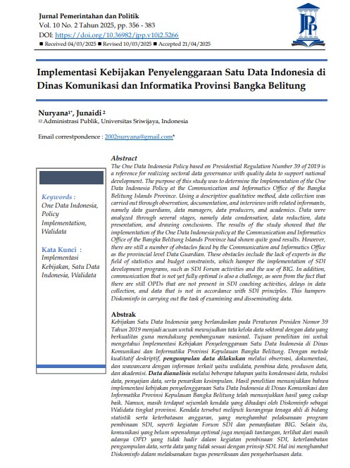 Implementasi Kebijakan Penyelenggaraan Satu Data Indonesia di Dinas Komunikasi dan Informatika Provinsi Bangka Belitung