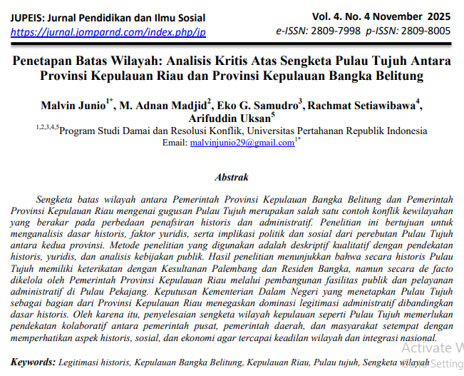 Penetapan Batas Wilayah: Analisis Kritis Atas Sengketa Pulau Tujuh Antara Provinsi Kepulauan Riau dan Provinsi Kepulauan Bangka Belitung